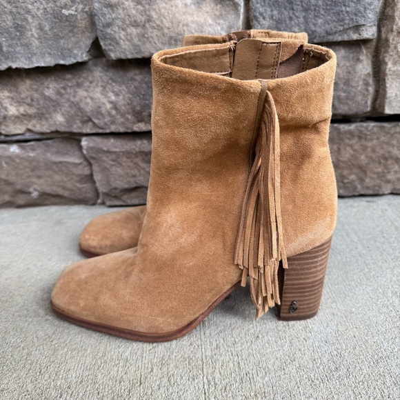 Sam Edelman Ona Fringe Boots Camel Squared Toe Suede - Picture 3 of 11